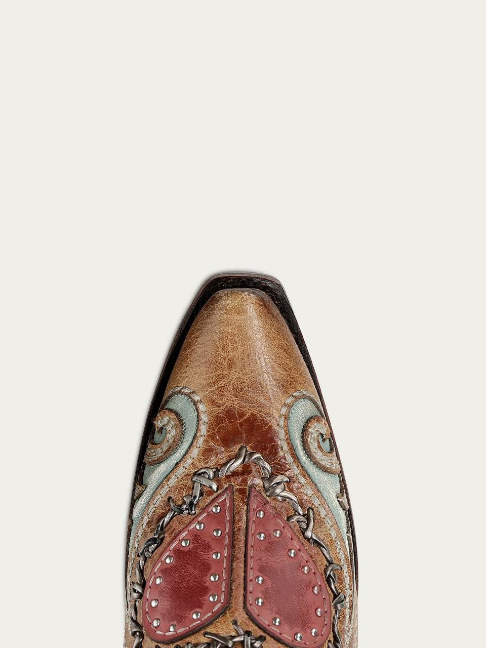 Women's Corral Sand Genuine Leather Boots with Heart Inlay & Embroidery & Studs & Berbed Wire Woven