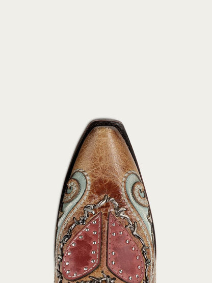 Women's Corral Sand Genuine Leather Boots with Heart Inlay & Embroidery & Studs & Berbed Wire Woven