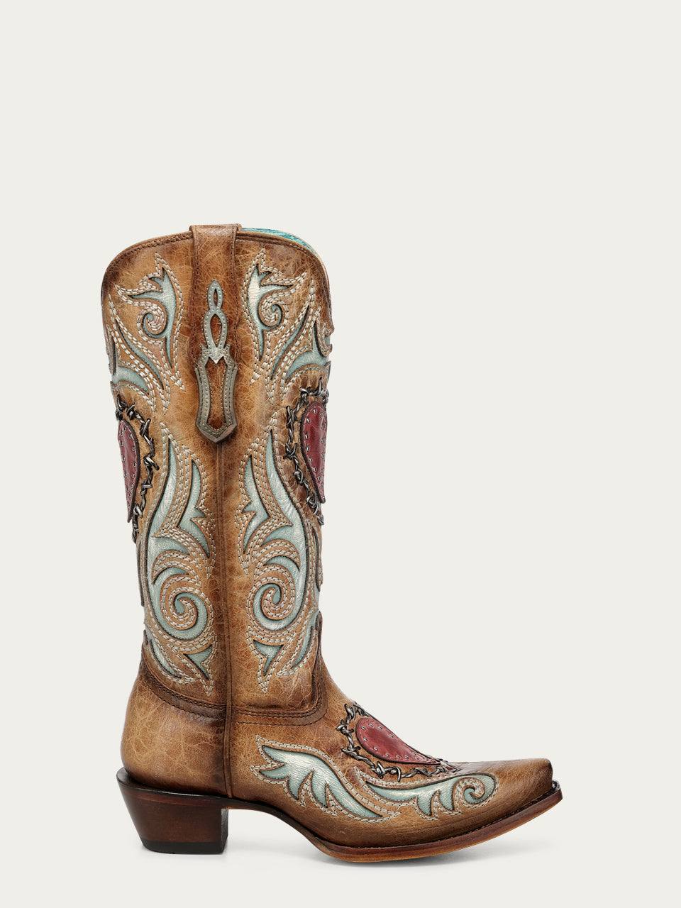 Women's Corral Sand Genuine Leather Boots with Heart Inlay & Embroidery & Studs & Berbed Wire Woven