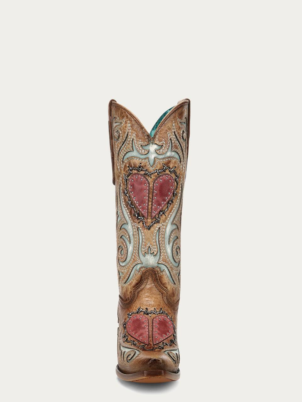 Women's Corral Sand Genuine Leather Boots with Heart Inlay & Embroidery & Studs & Berbed Wire Woven