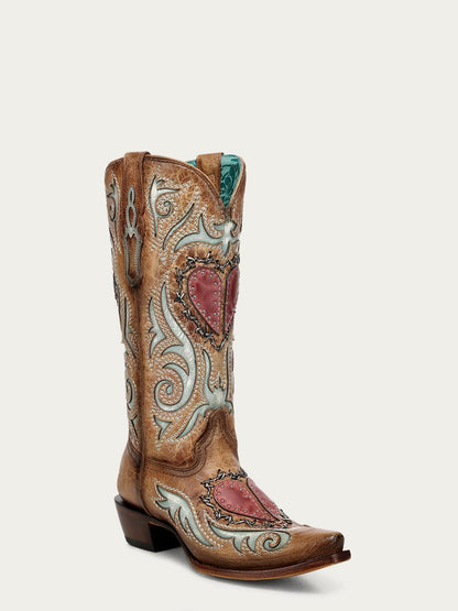 Women's Corral Sand Genuine Leather Boots with Heart Inlay & Embroidery & Studs & Berbed Wire Woven