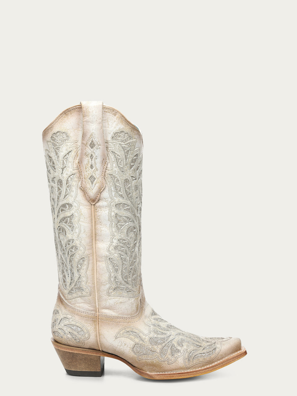 Women's Corral White Genuine Leather Boots with Glitter Inlay & Embroidery