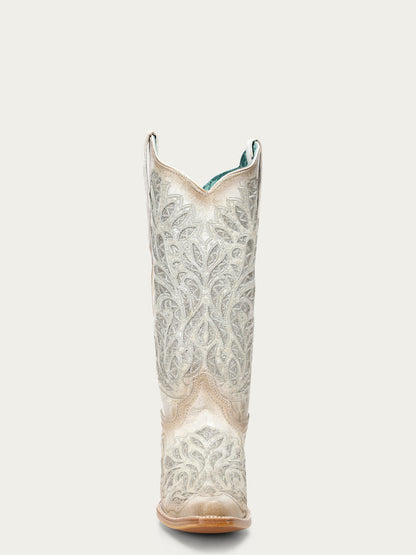 Women's Corral White Genuine Leather Boots with Glitter Inlay & Embroidery