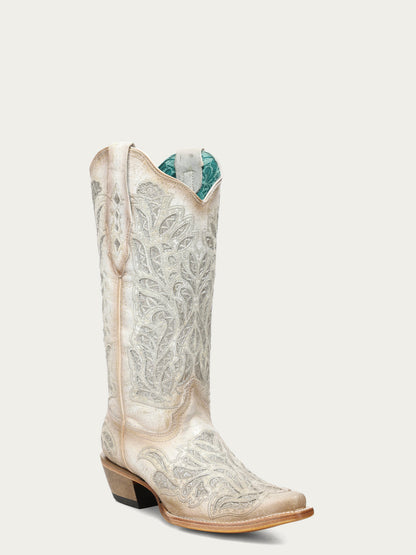 Women's Corral White Genuine Leather Boots with Glitter Inlay & Embroidery