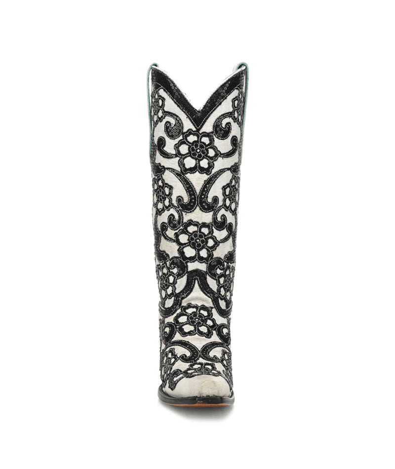 Women's Corral White Genuine Leather Boots with Overlay & SEQUIN-EMBROIDERY Floral Patterns