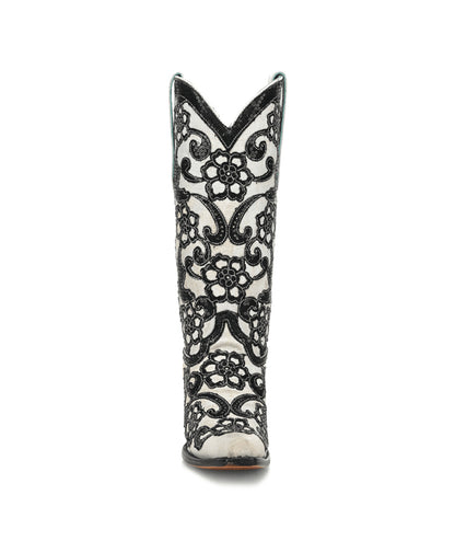 Women's Corral White Genuine Leather Boots with Overlay & SEQUIN-EMBROIDERY Floral Patterns