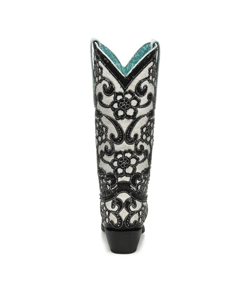 Women's Corral White Genuine Leather Boots with Overlay & SEQUIN-EMBROIDERY Floral Patterns