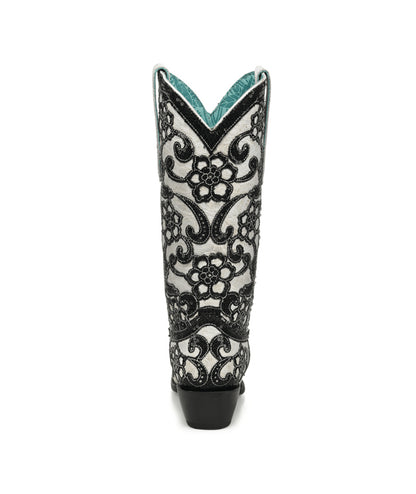 Women's Corral White Genuine Leather Boots with Overlay & SEQUIN-EMBROIDERY Floral Patterns