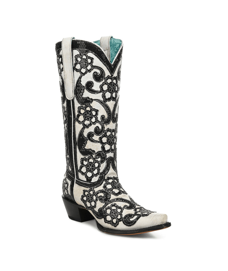 Women's Corral White Genuine Leather Boots with Overlay & SEQUIN-EMBROIDERY Floral Patterns
