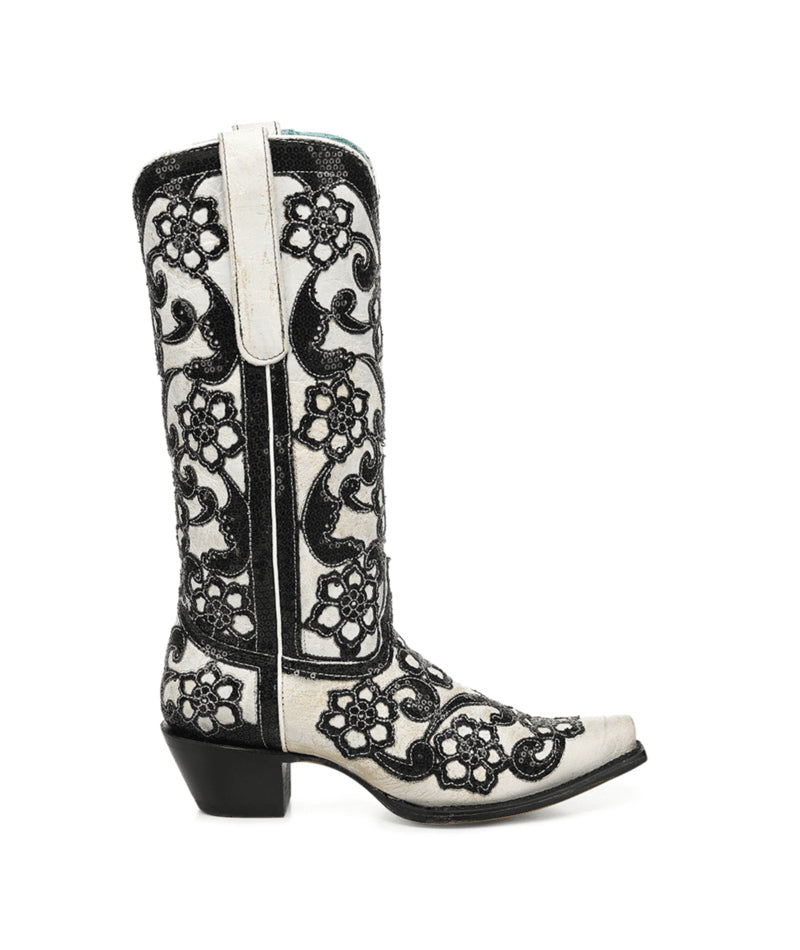 Women's Corral White Genuine Leather Boots with Overlay & SEQUIN-EMBROIDERY Floral Patterns