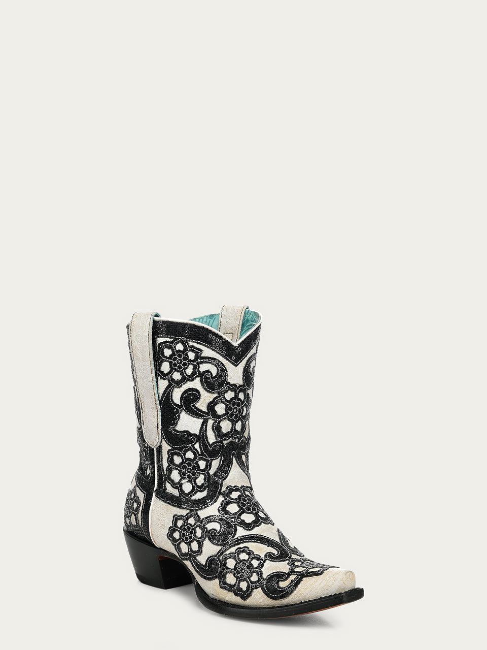 Women's Corral White Genuine Leather Boots with Overlay & SEQUIN-EMBROIDERY Floral Patterns Ankle Boot