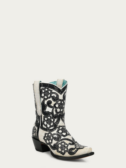 Women's Corral White Genuine Leather Boots with Overlay & SEQUIN-EMBROIDERY Floral Patterns Ankle Boot