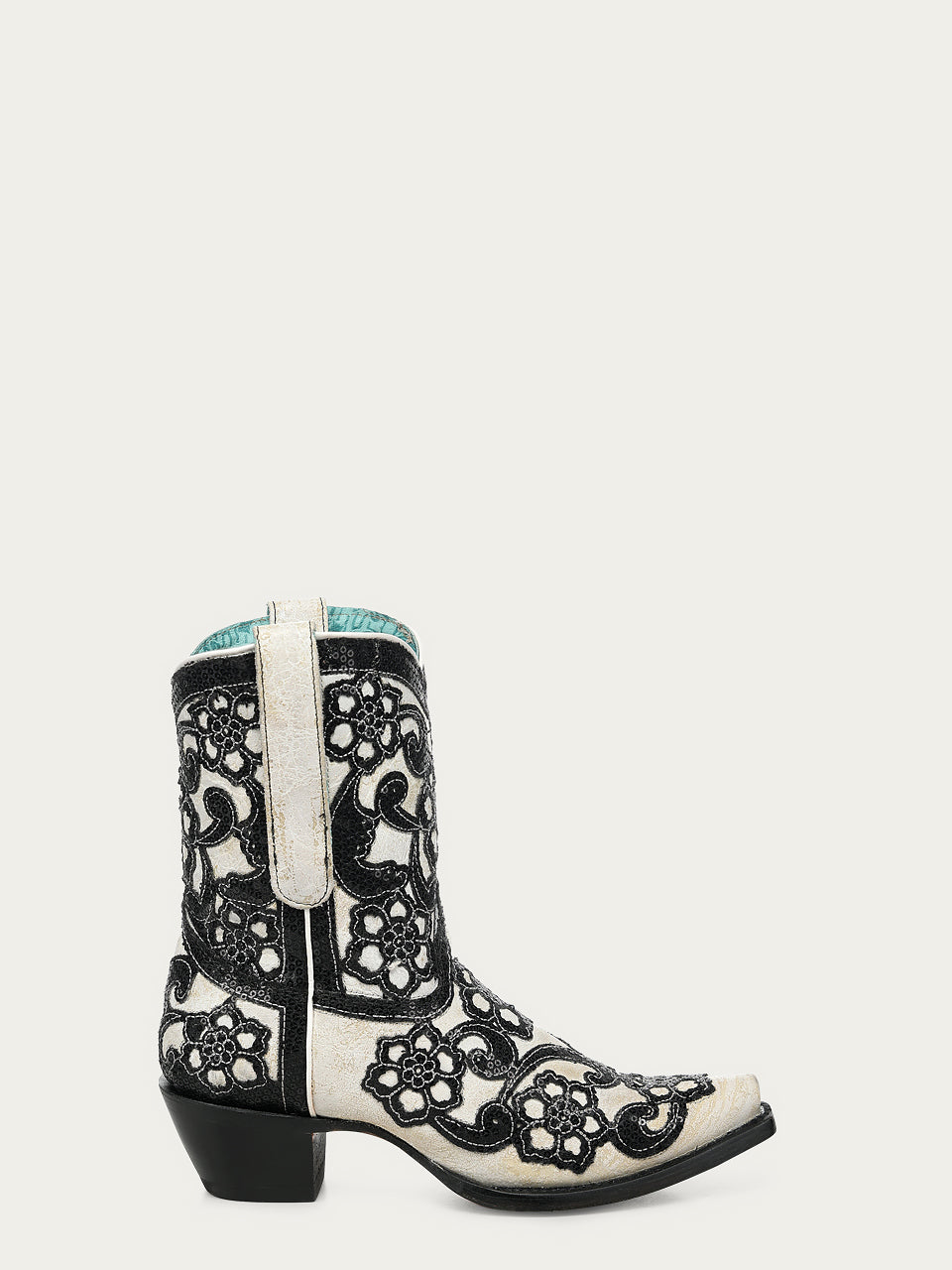 Women's Corral White Genuine Leather Boots with Overlay & SEQUIN-EMBROIDERY Floral Patterns Ankle Boot