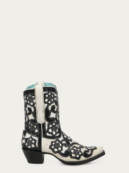 Women's Corral White Genuine Leather Boots with Overlay & SEQUIN-EMBROIDERY Floral Patterns Ankle Boot