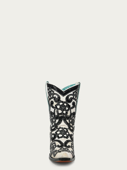 Women's Corral White Genuine Leather Boots with Overlay & SEQUIN-EMBROIDERY Floral Patterns Ankle Boot