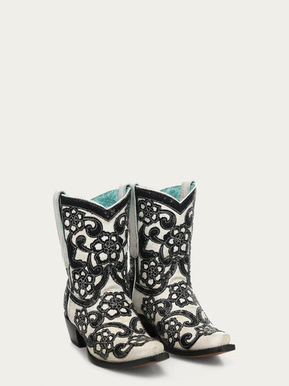 Women's Corral White Genuine Leather Boots with Overlay & SEQUIN-EMBROIDERY Floral Patterns Ankle Boot