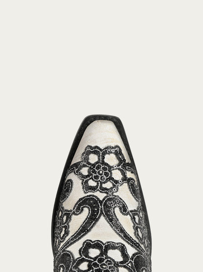 Women's Corral White Genuine Leather Boots with Overlay & SEQUIN-EMBROIDERY Floral Patterns Ankle Boot