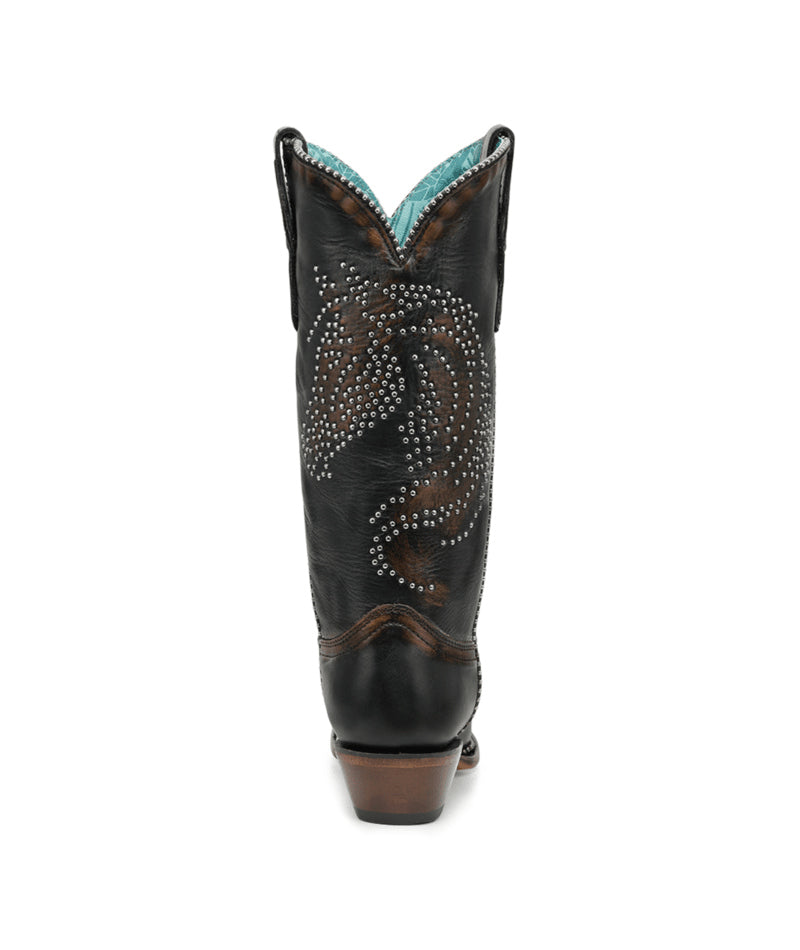 Women's Corral Black Genuine Leather Boots with Honey Horse Desing Studs & Metallic Welt