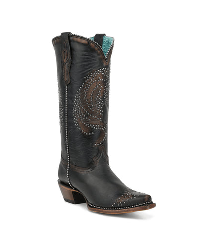 Women's Corral Black Genuine Leather Boots with Honey Horse Desing Studs & Metallic Welt
