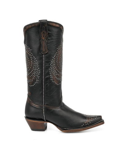 Women's Corral Black Genuine Leather Boots with Honey Horse Desing Studs & Metallic Welt