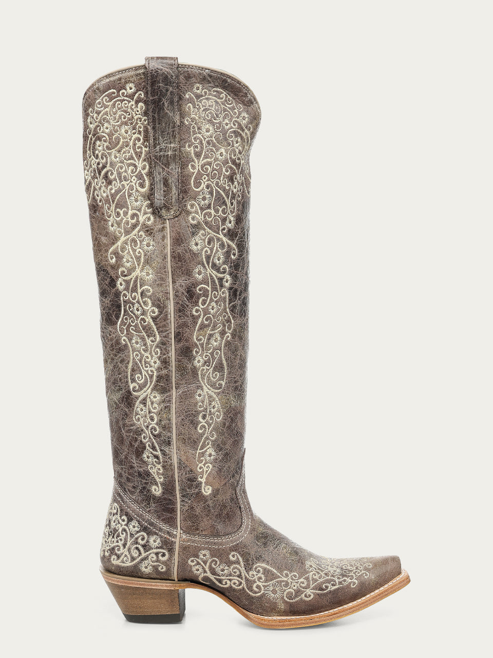 Women's Corral Tobacco Genuine Leather Boots with Floral Embroidery Tall Top