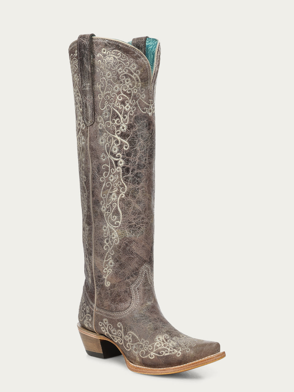 Women's Corral Tobacco Genuine Leather Boots with Floral Embroidery Tall Top