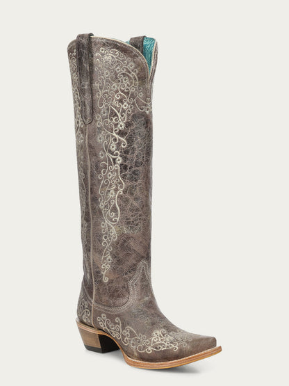 Women's Corral Tobacco Genuine Leather Boots with Floral Embroidery Tall Top
