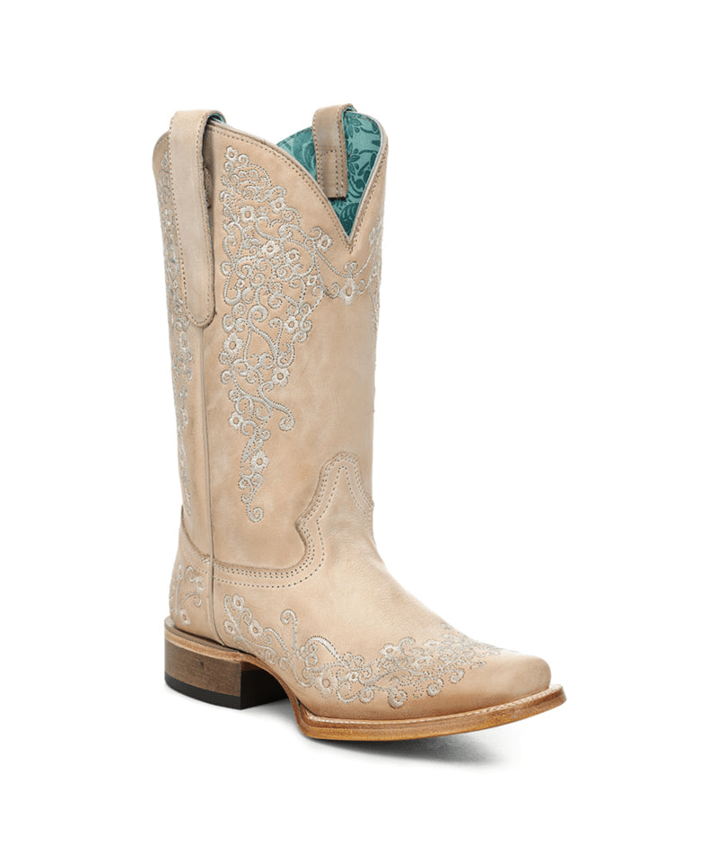 Women's Corral Sand Genuine Leather Boots with Floral Embroidery