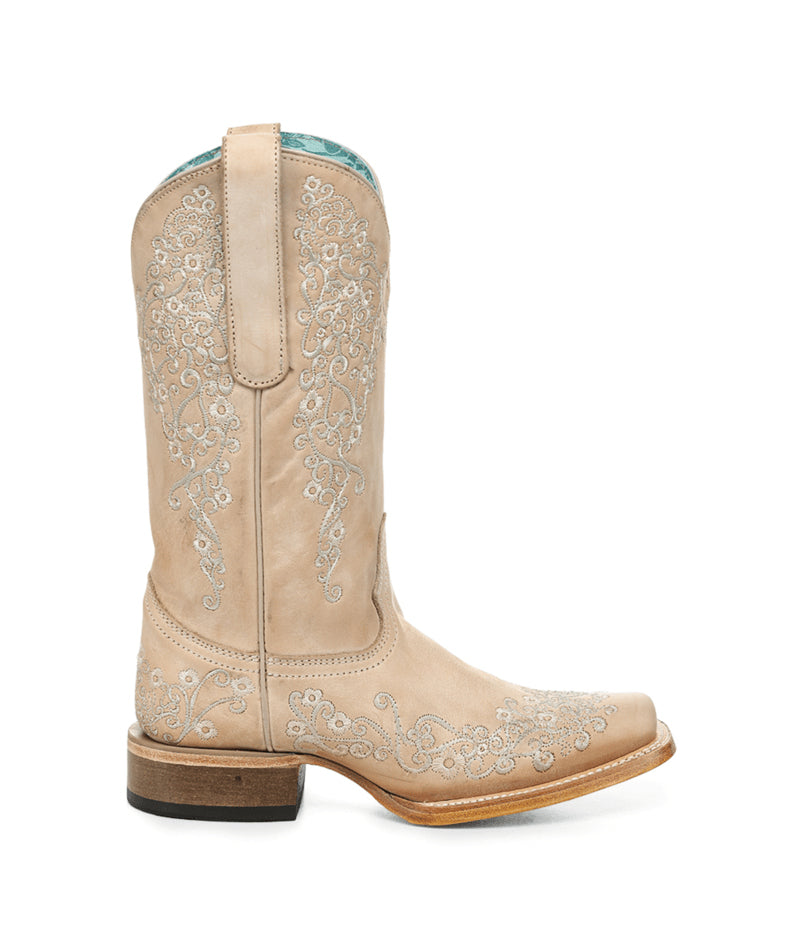 Women's Corral Sand Genuine Leather Boots with Floral Embroidery