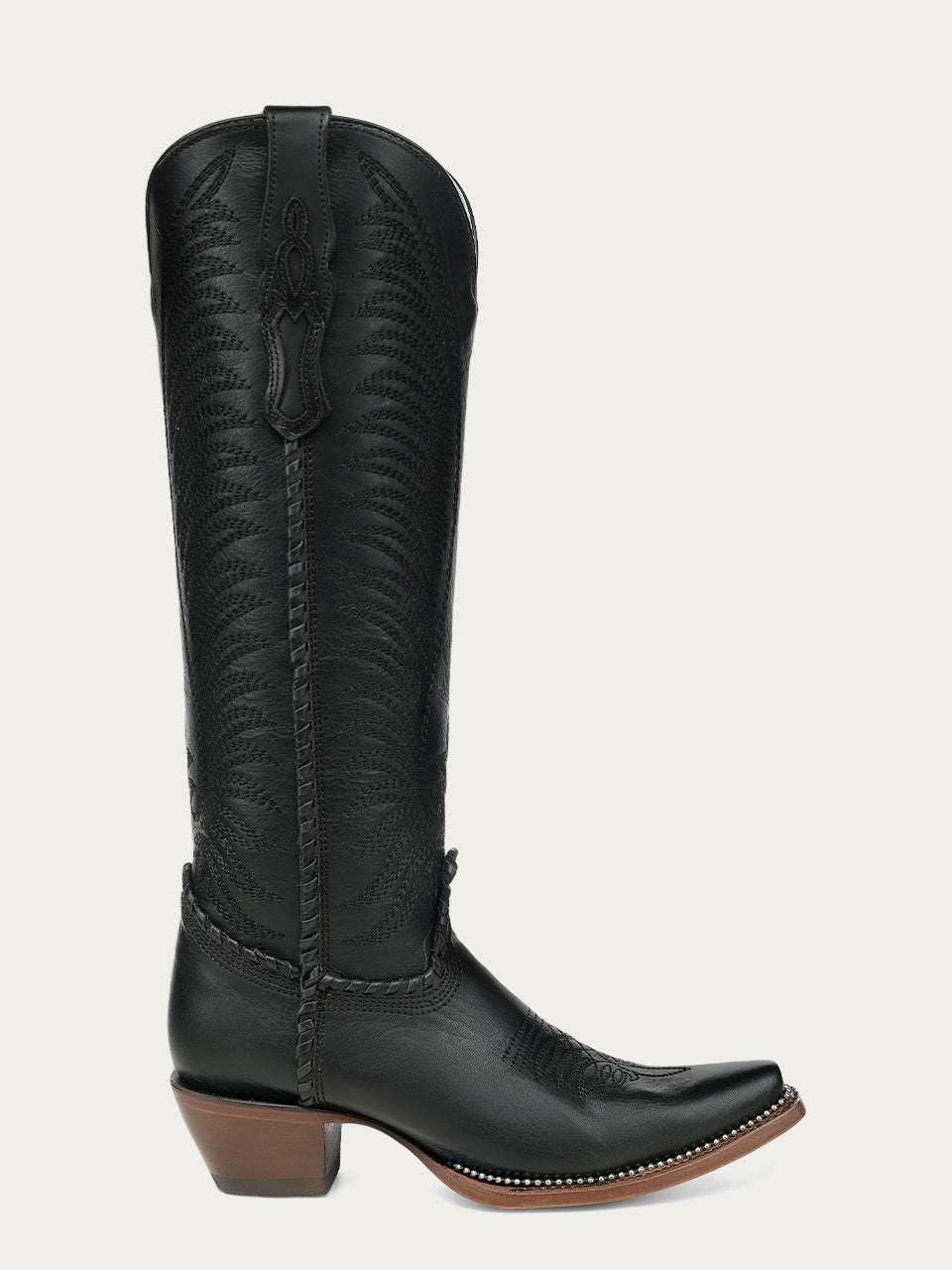 Women's Corral Black Genuine Leather Boots with Embroidery & Woven & Metallic Welt Tall Top