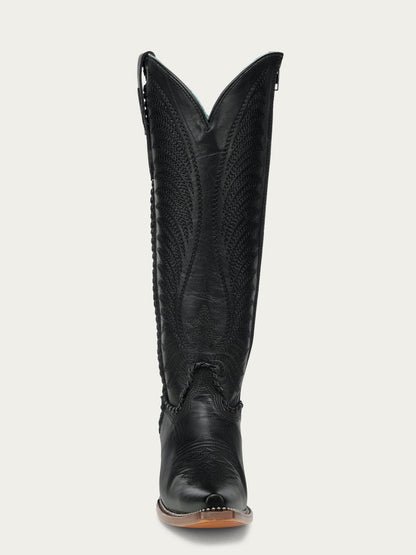 Women's Corral Black Genuine Leather Boots with Embroidery & Woven & Metallic Welt Tall Top