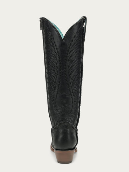 Women's Corral Black Genuine Leather Boots with Embroidery & Woven & Metallic Welt Tall Top