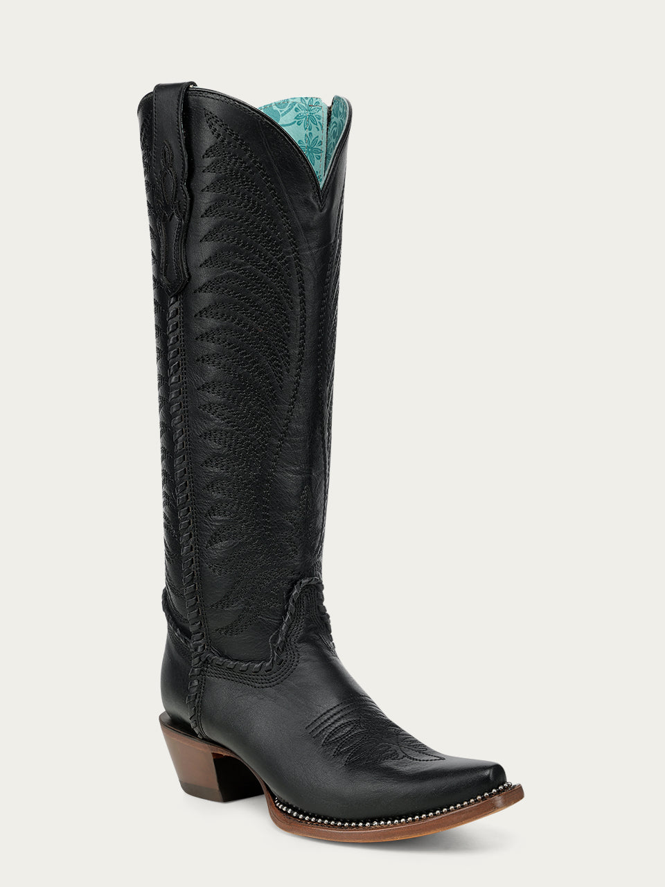 Women's Corral Black Genuine Leather Boots with Embroidery & Woven & Metallic Welt Tall Top