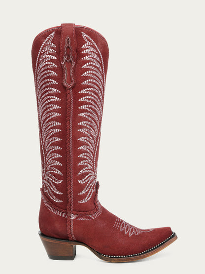 Women's Corral Wine Genuine Leather Boots with Embroidery & Woven & Metallic Welt Tall Top