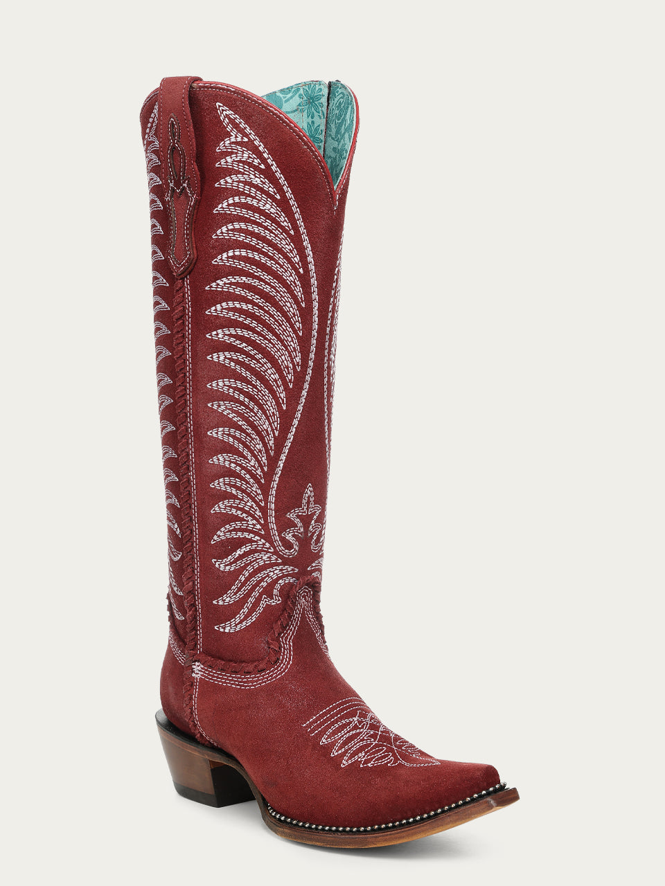 Women's Corral Wine Genuine Leather Boots with Embroidery & Woven & Metallic Welt Tall Top