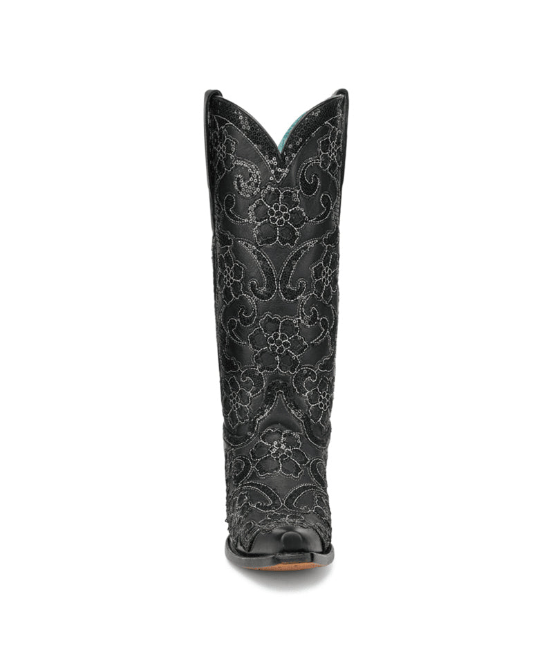 Women's Corral Black Genuine Leather Boots with Overlay & SEQUIN-EMBROIDERY Floral Patterns