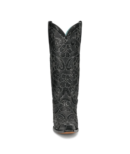Women's Corral Black Genuine Leather Boots with Overlay & SEQUIN-EMBROIDERY Floral Patterns