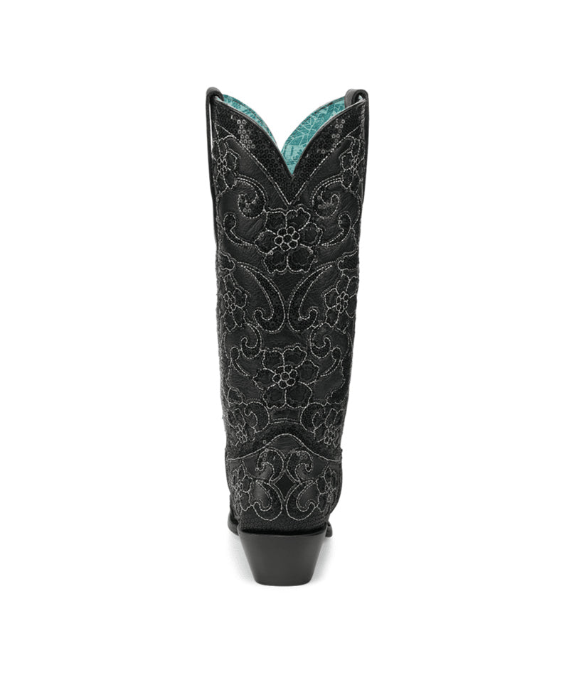 Women's Corral Black Genuine Leather Boots with Overlay & SEQUIN-EMBROIDERY Floral Patterns