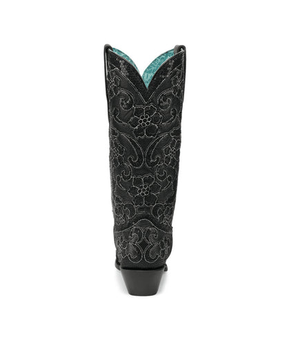 Women's Corral Black Genuine Leather Boots with Overlay & SEQUIN-EMBROIDERY Floral Patterns