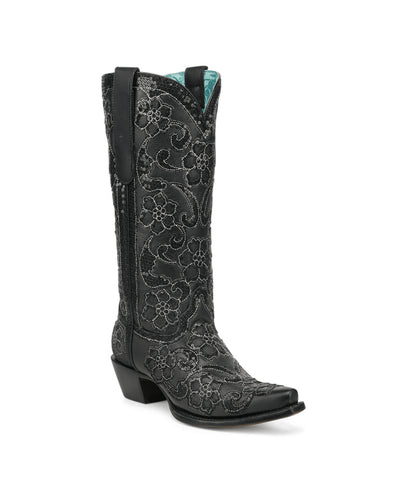 Women's Corral Black Genuine Leather Boots with Overlay & SEQUIN-EMBROIDERY Floral Patterns