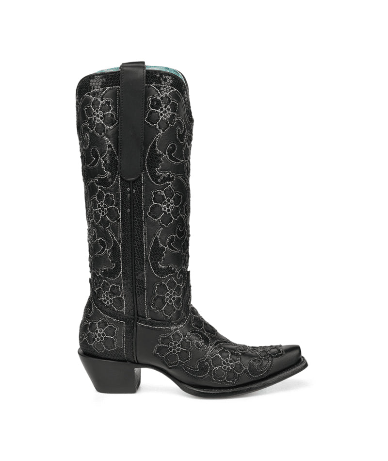 Women's Corral Black Genuine Leather Boots with Overlay & SEQUIN-EMBROIDERY Floral Patterns