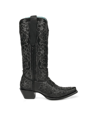 Women's Corral Black Genuine Leather Boots with Overlay & SEQUIN-EMBROIDERY Floral Patterns