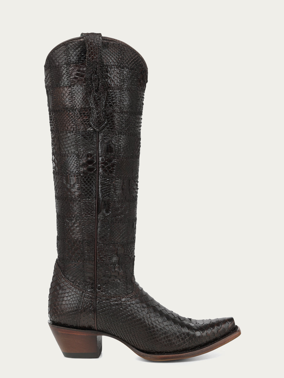 Women's Corral Chocolate Genuine Python Boots with Patchwork Tall Top Cowboy Boot