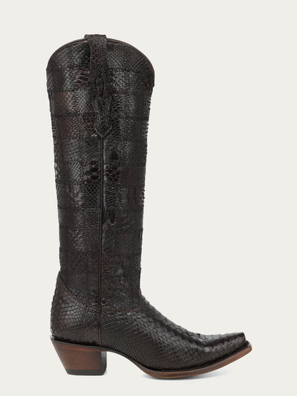 Women's Corral Chocolate Genuine Python Boots with Patchwork Tall Top Cowboy Boot