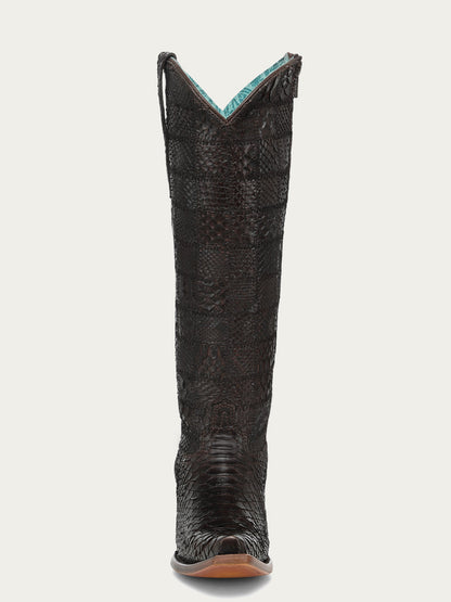 Women's Corral Chocolate Genuine Python Boots with Patchwork Tall Top Cowboy Boot