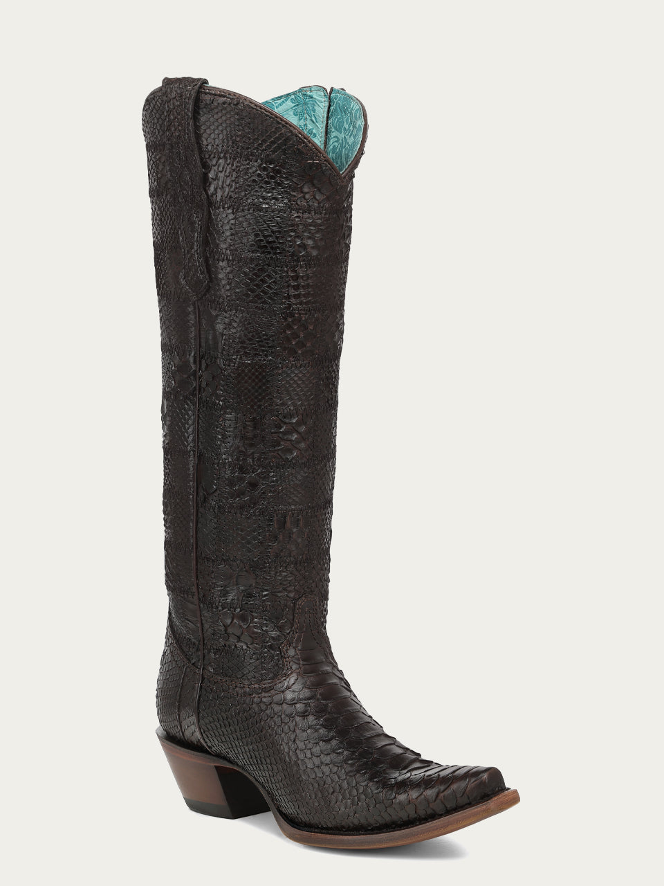 Women's Corral Chocolate Genuine Python Boots with Patchwork Tall Top Cowboy Boot
