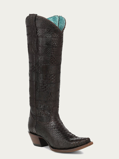 Women's Corral Chocolate Genuine Python Boots with Patchwork Tall Top Cowboy Boot