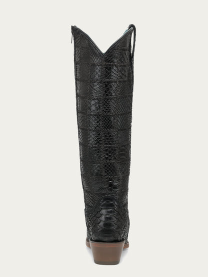 Women's Corral Black Genuine Python Boots with Patchwork Tall Top