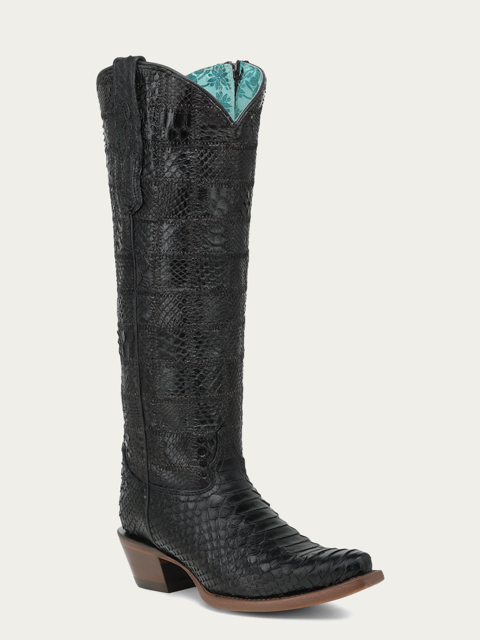 Women's Corral Black Genuine Python Boots with Patchwork Tall Top
