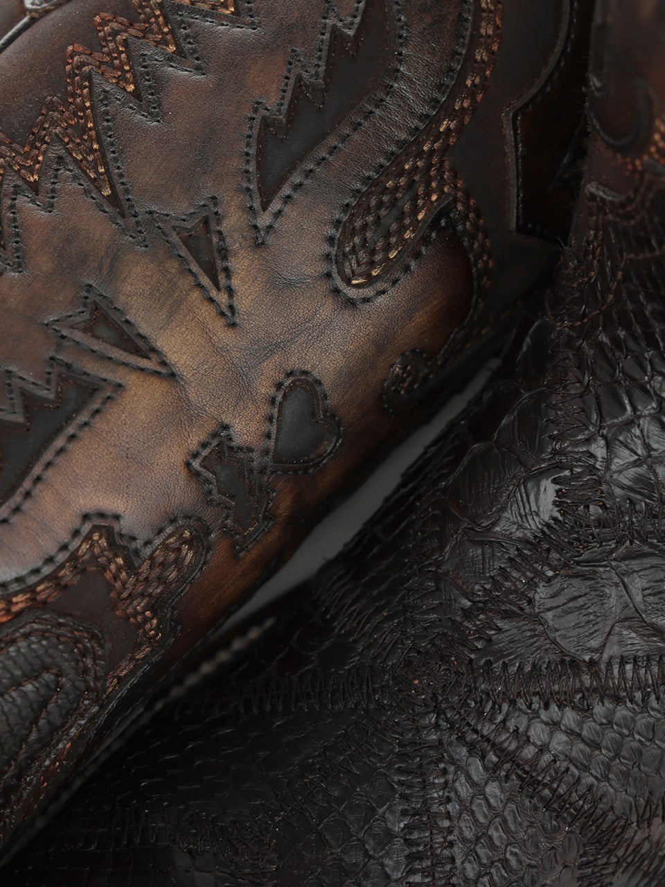 Women's Corral Chocolate Genuine Python Boots with Patchwork & Eagle Overlay